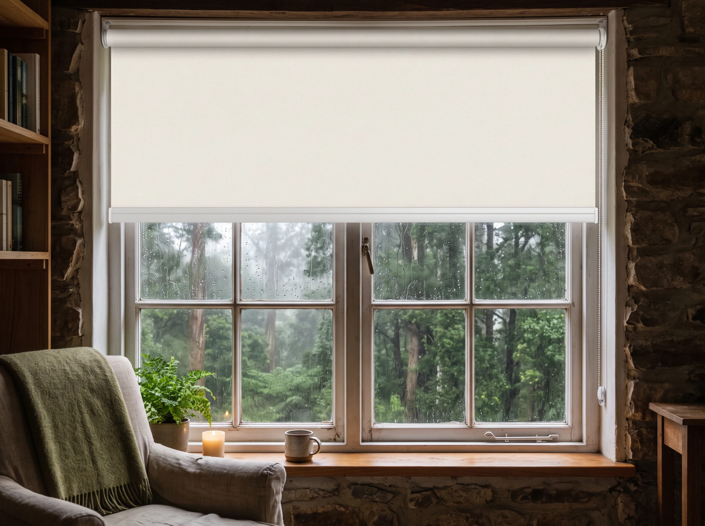 Blockout roller blind lowered across a cottage window in Newlands, Cape Town with indigenous forest and rain mist visible outside