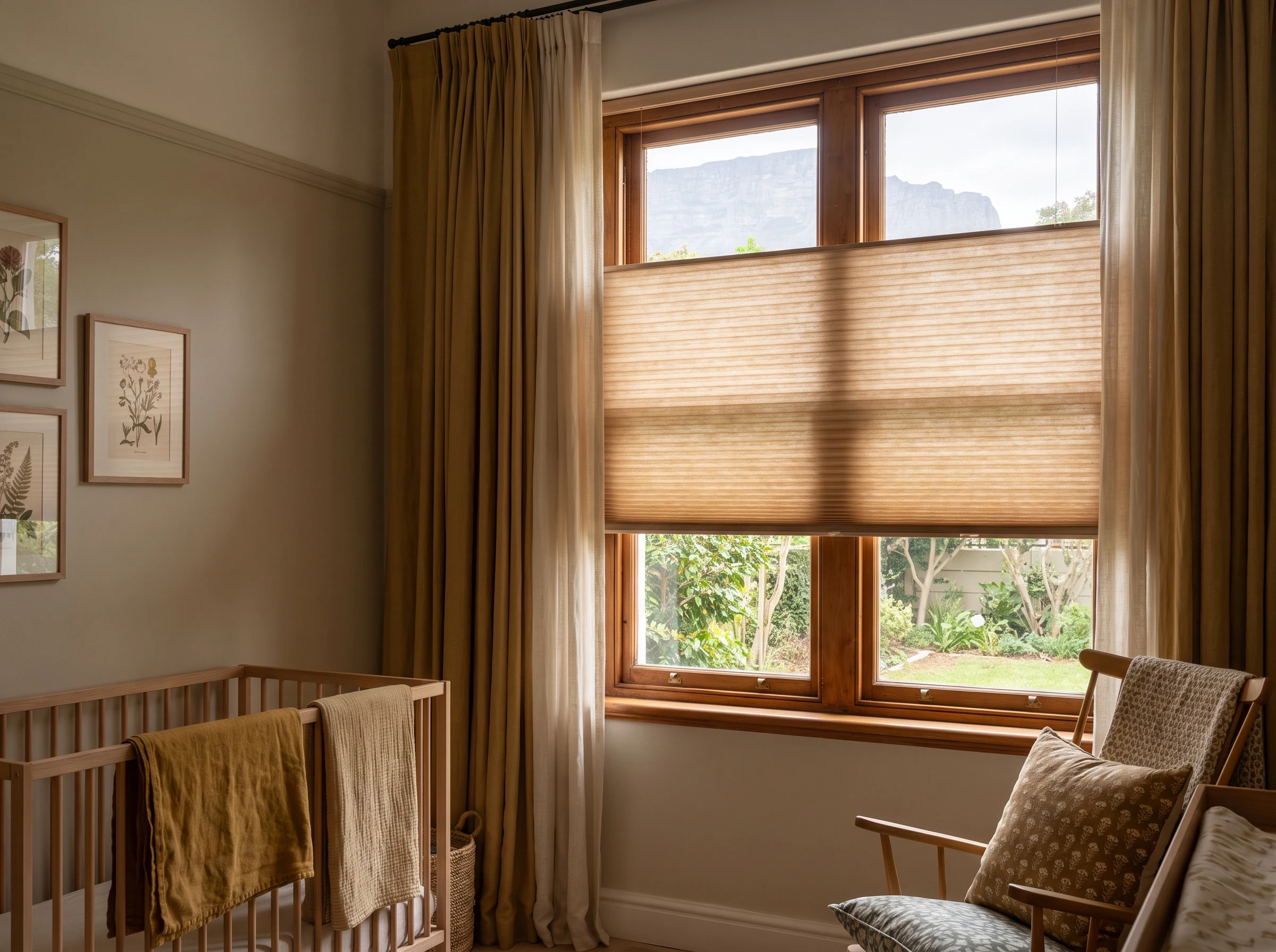 Cellular honeycomb blind with visible hexagonal cells lowered over a Rondebosch nursery window