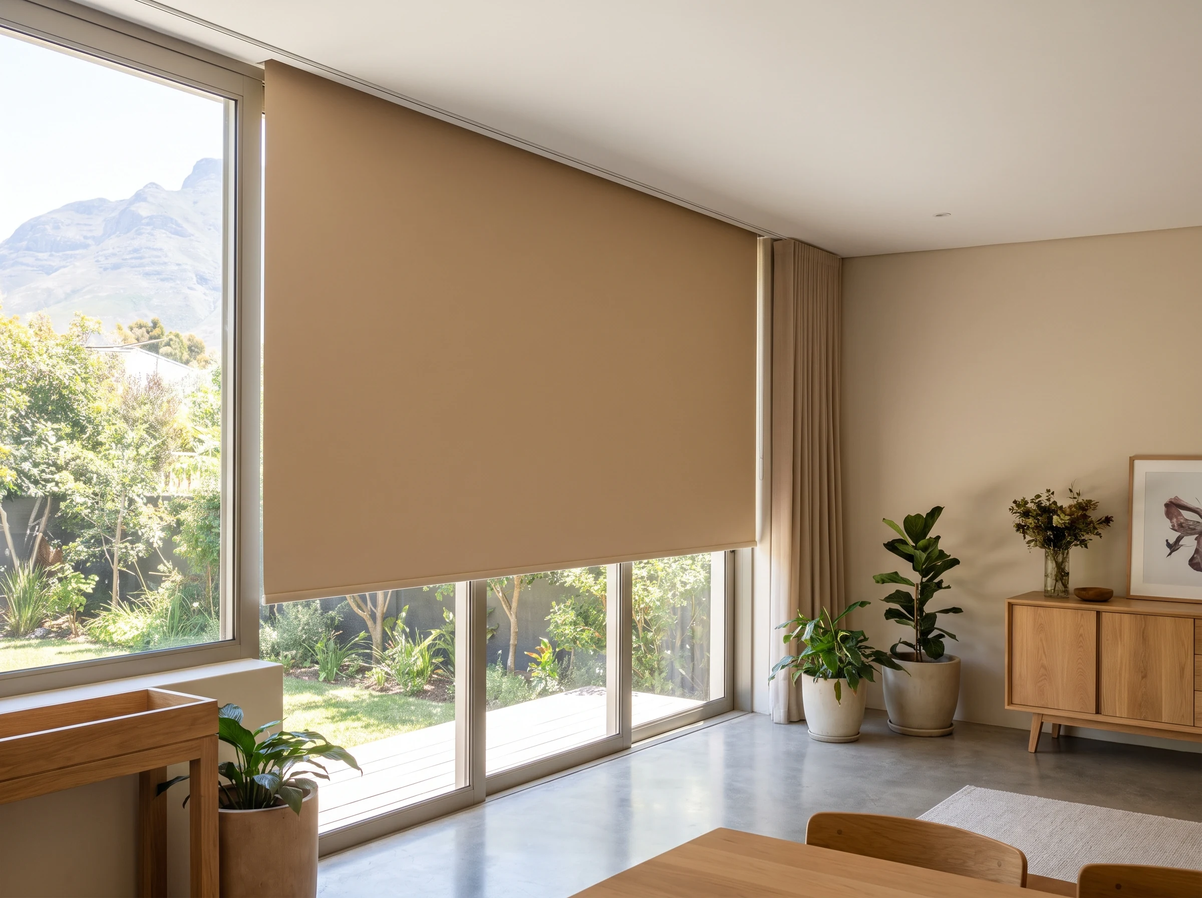 Concealed ceiling-recessed blind box with fabric dropping cleanly across a window in a modern Rondebosch extension