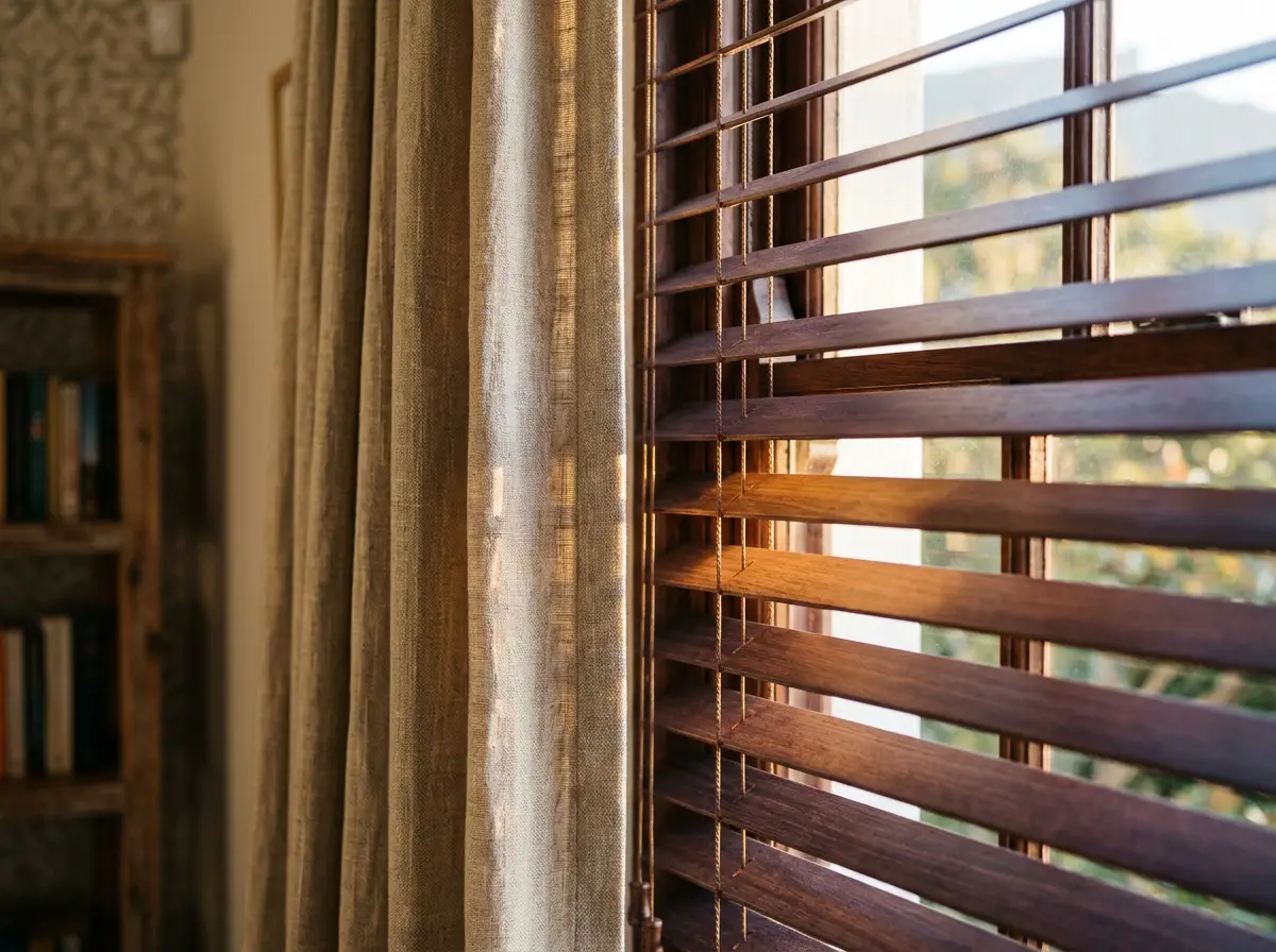 Timber venetian blind slat and headrail detail beside a linen curtain in a Rondebosch window, warmed by low afternoon sun