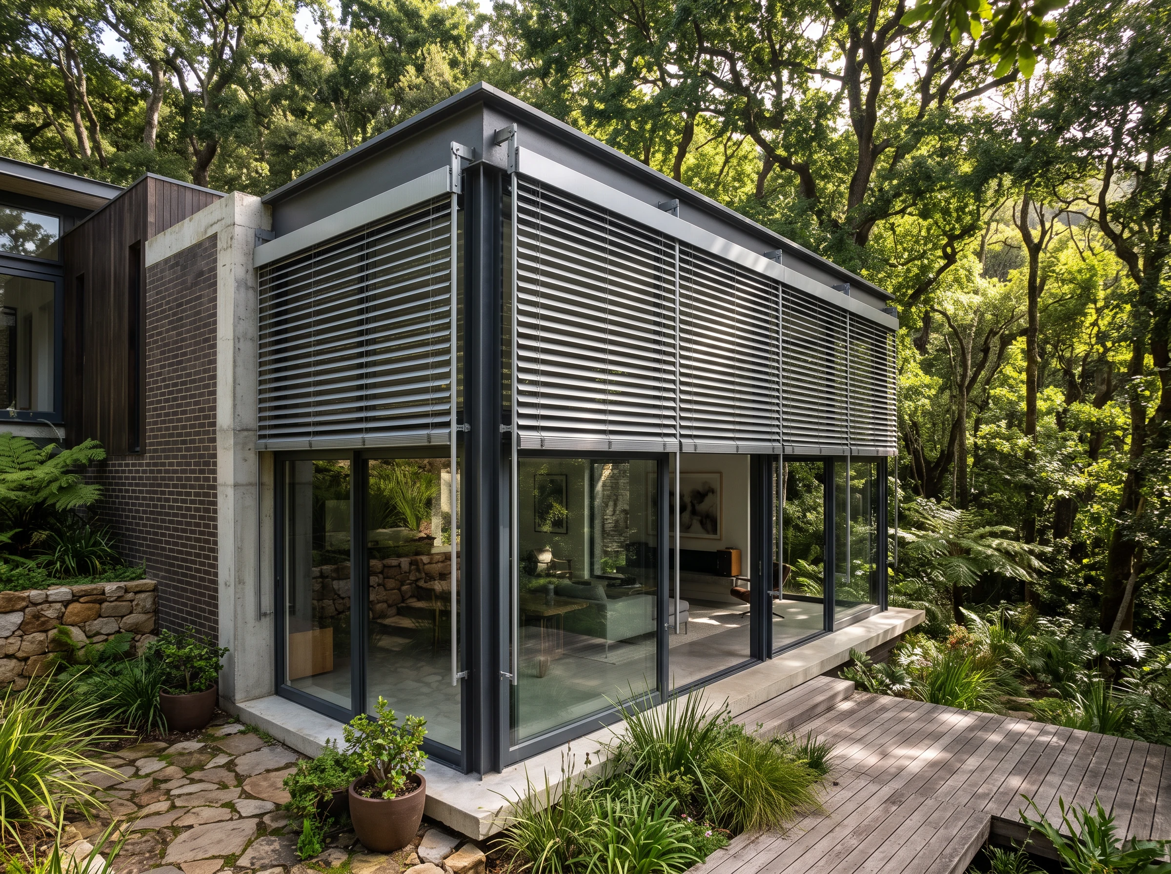 Wide aluminium external venetian blind slats mounted outside a glazed extension on a Bishopscourt, Cape Town home, forest canopy visible behind