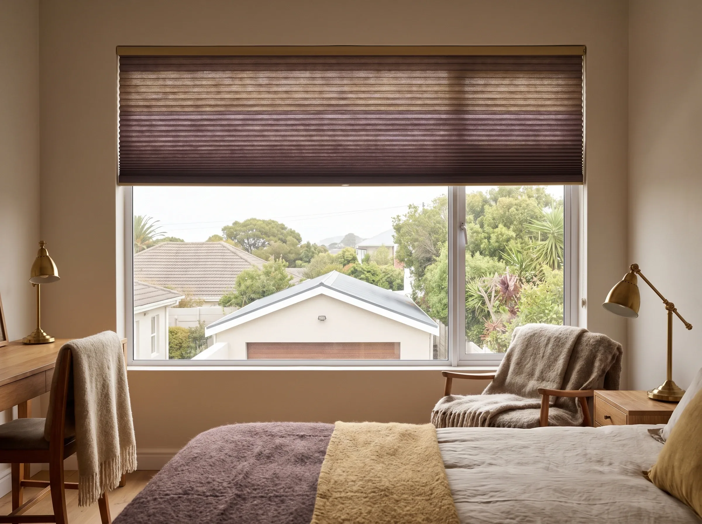 Plum-toned honeycomb cellular blind drawn down across the top third of a wide Rondebosch bedroom window, neighbouring gables and a garden tree past the glass