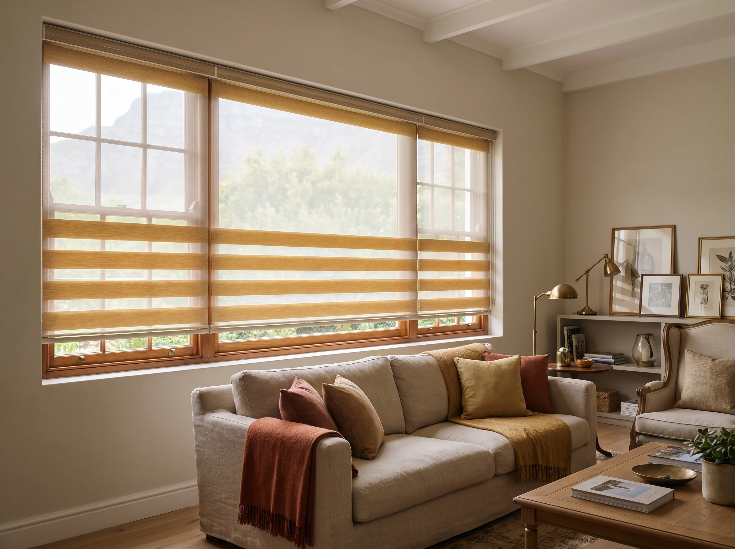 Ochre day-night zebra blinds banded across a wide window in an open-plan Rondebosch family living room, mountain visible above the garden