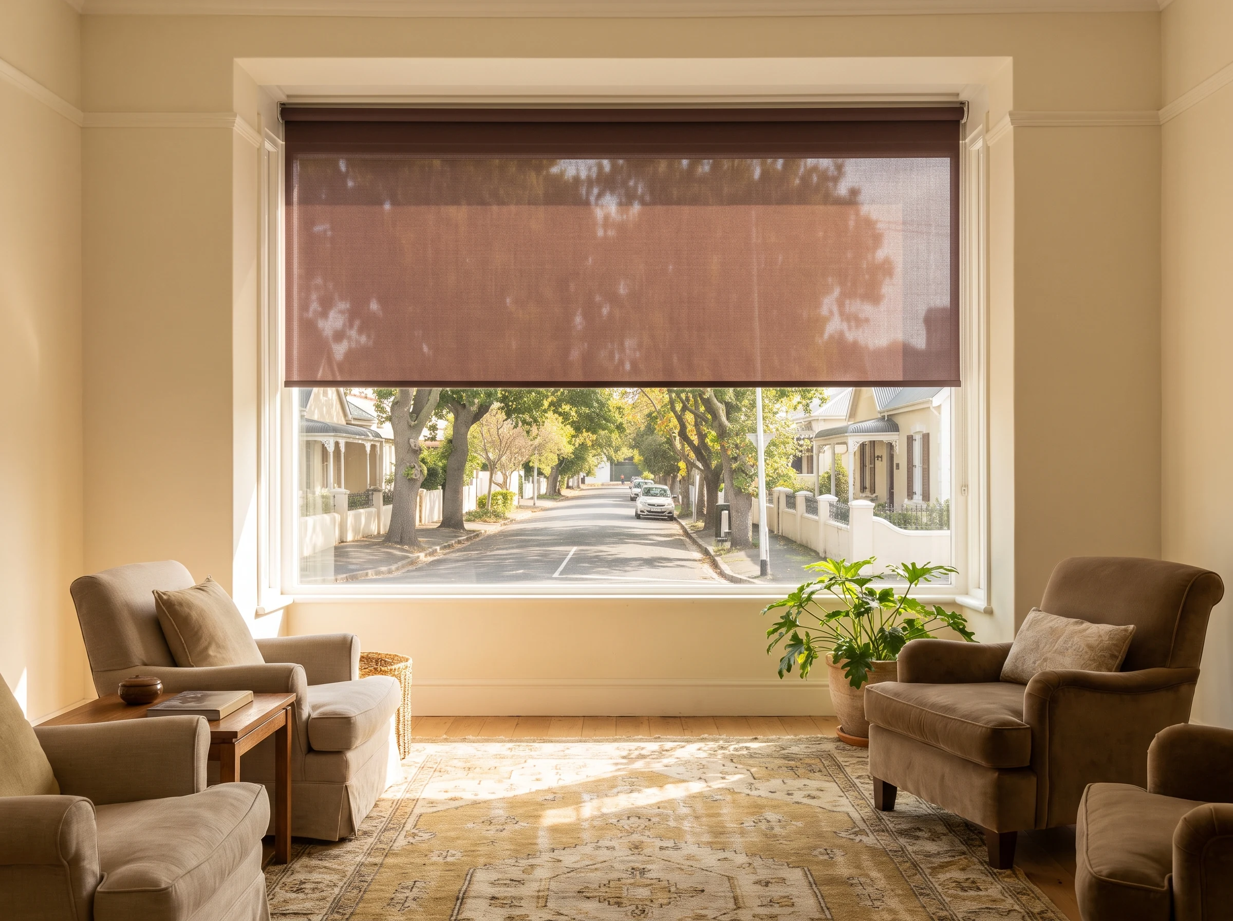 Sunscreen roller blind lowered across a bay window in a sunlit Rondebosch family lounge with an oak-lined street outside