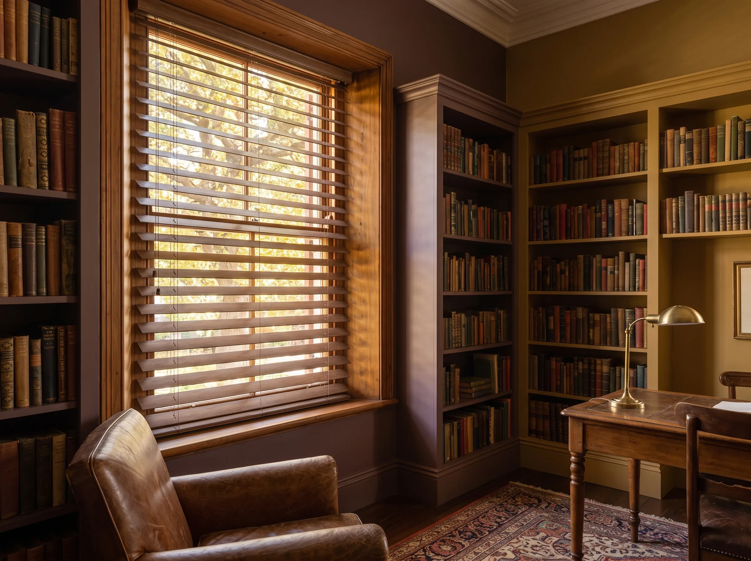 Wide timber venetian slats tilted half open across a tall window set in a deep, moulded timber reveal, in a book-lined Rondebosch study with a leather armchair and a brass desk lamp