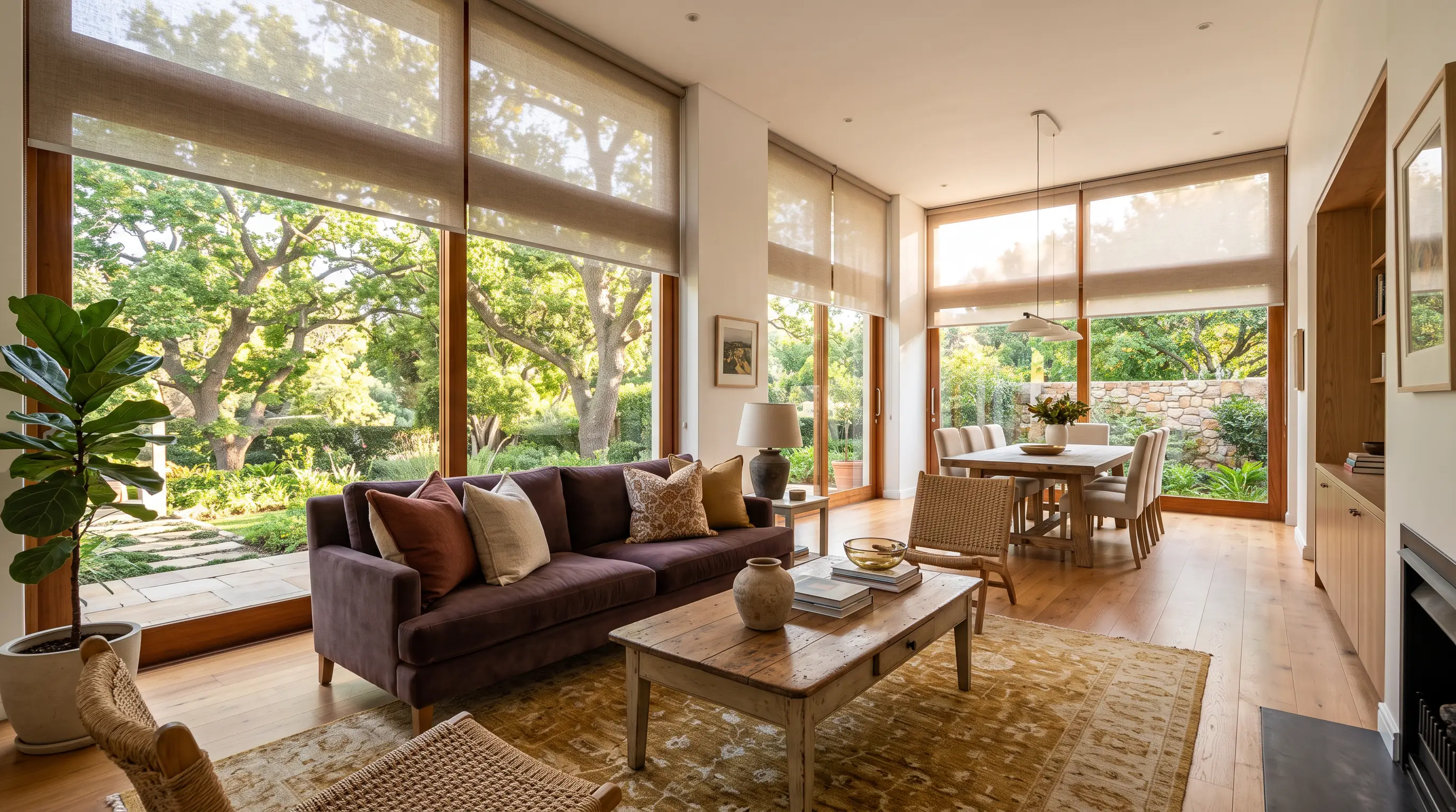 Motorised roller blinds in a bright Rondebosch family living room with large windows