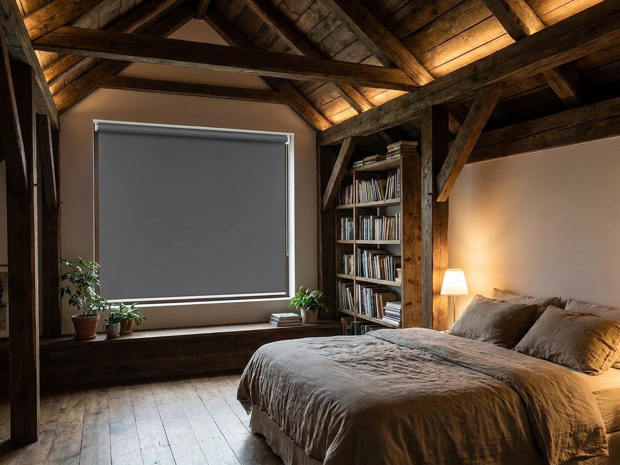 Charcoal blockout roller blind filling a raftered Rondebosch bedroom window beside a laden bookshelf