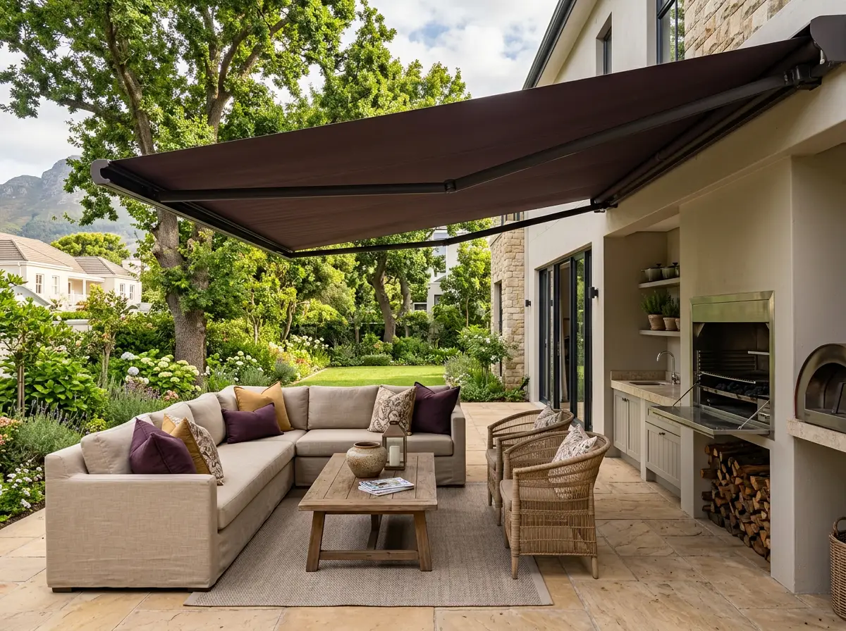 Folding-arm awning extended over a Rondebosch patio lounge and built-in braai, mountain view beyond the garden