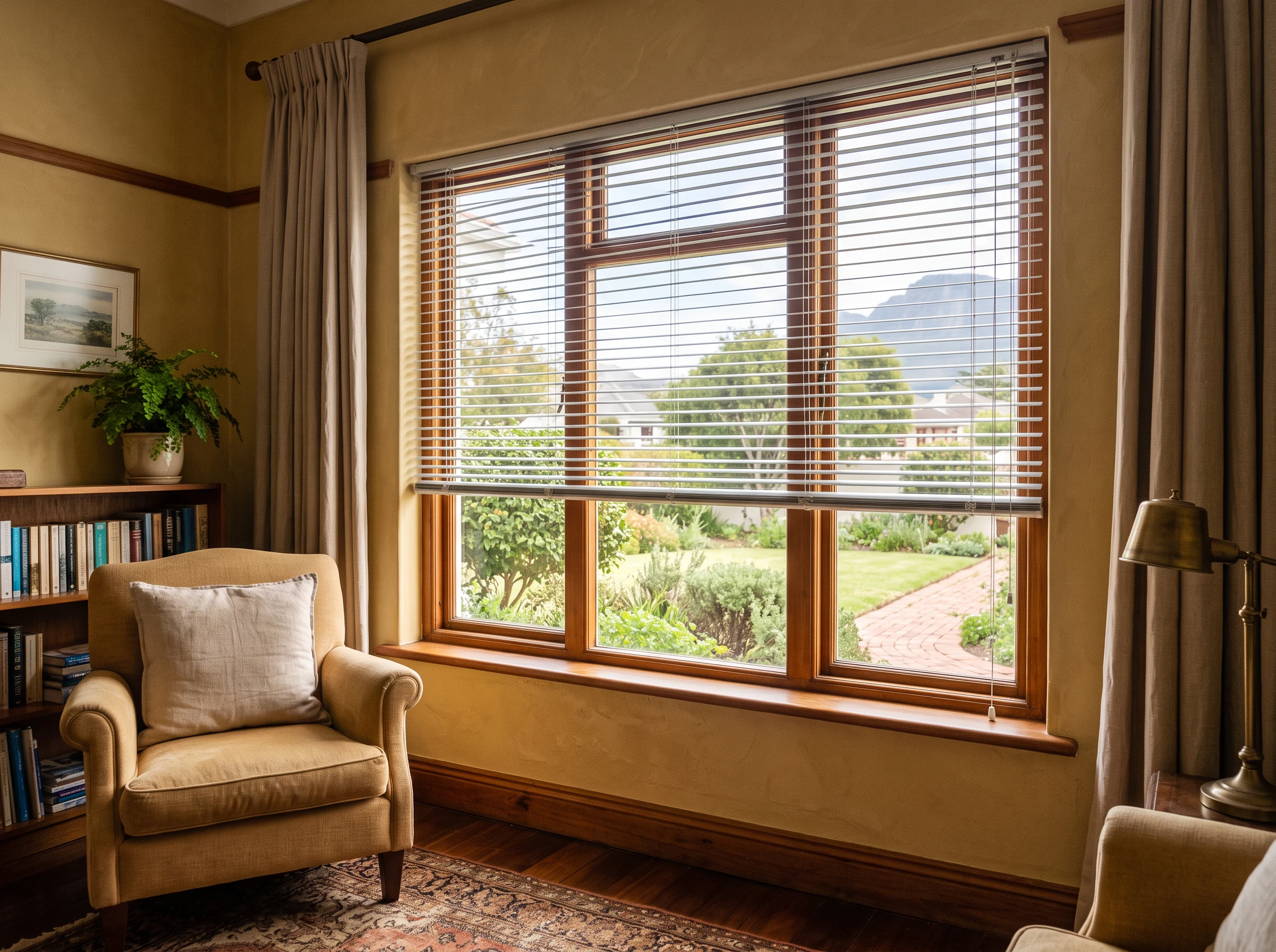 Aluminium venetian blind with tilted slats fitted in a window of a Kenilworth, Cape Town family home